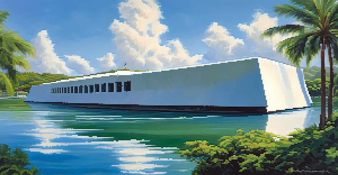 A peaceful scene depicting the USS Arizona Memorial above the water, surrounded by greenery and a clear sky.
