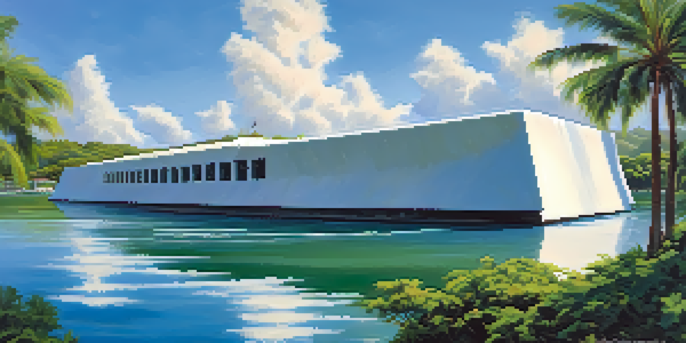 A peaceful scene depicting the USS Arizona Memorial above the water, surrounded by greenery and a clear sky.