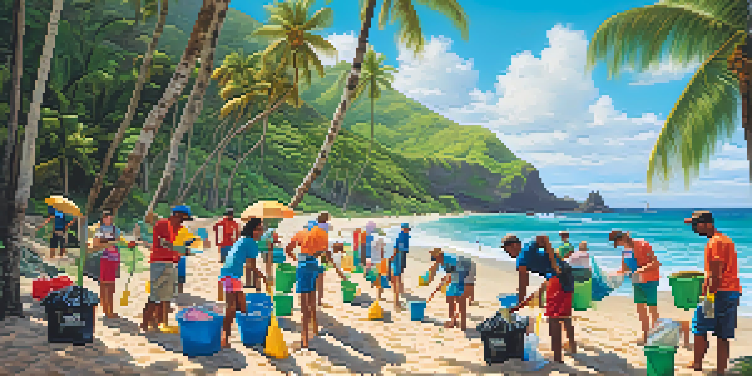 Diverse volunteers participating in a beach cleanup in Hawaii, with clear waters and lush greenery around them.