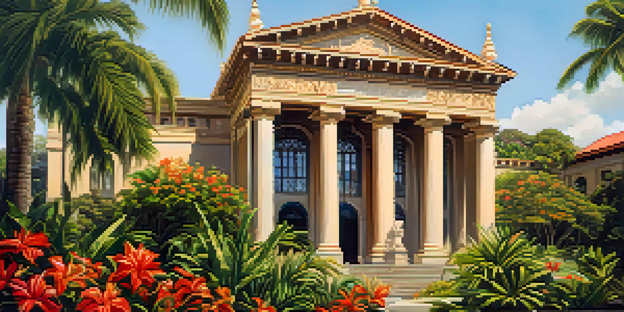 A panoramic view of the Bishop Museum surrounded by vibrant tropical gardens under warm sunlight.