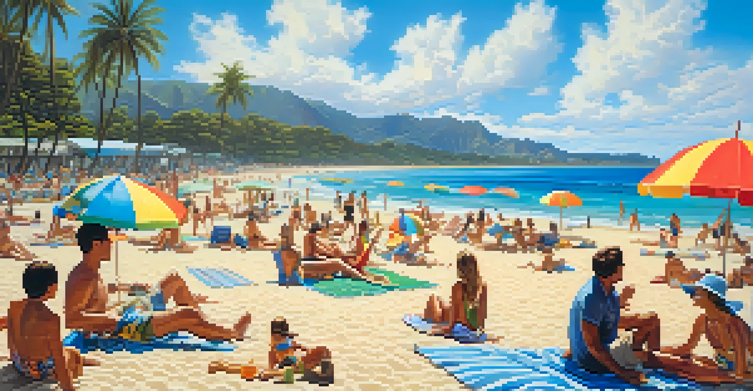 A bustling beach in Honolulu with people enjoying summer activities and bright blue skies.