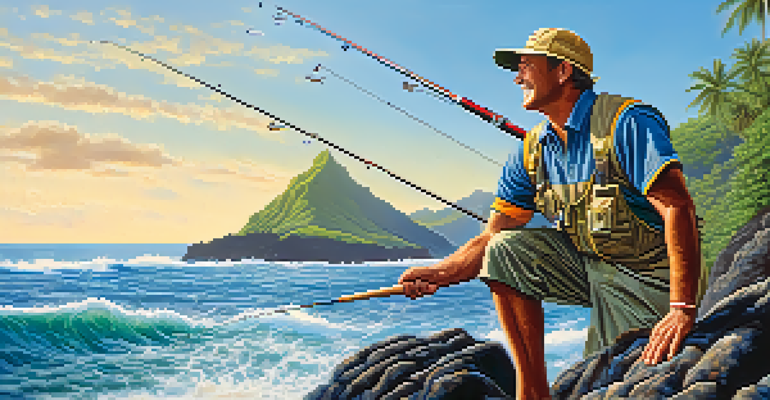 An angler in modern fishing attire casting a line into the ocean with a scenic Hawaiian backdrop.