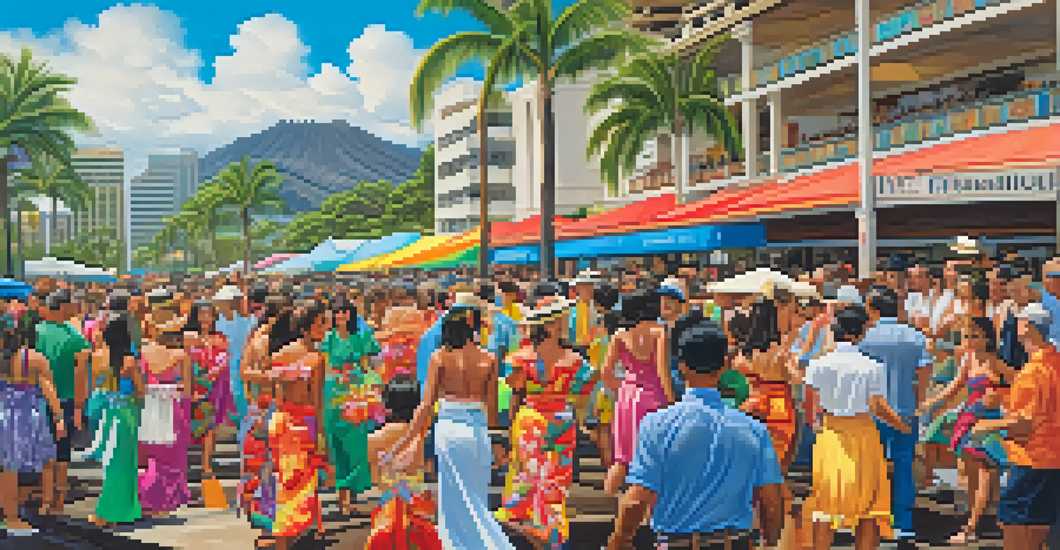 A lively festival in Honolulu, featuring a mix of Hawaiian and Western cultural elements in a modern urban setting.