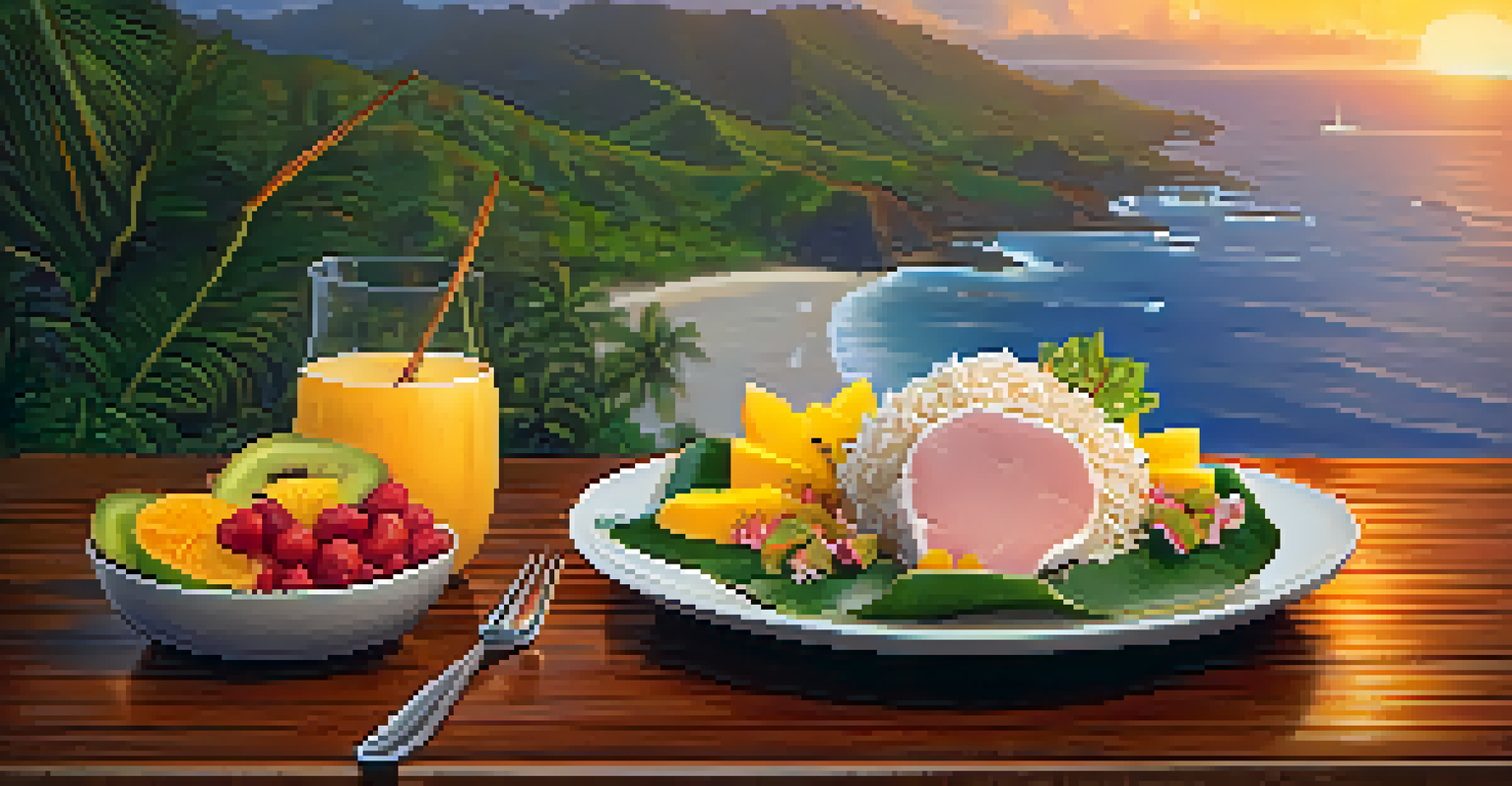 A plate of kalua pig with poi and tropical fruits, presented on a wooden table with a sunset over the ocean in the background.