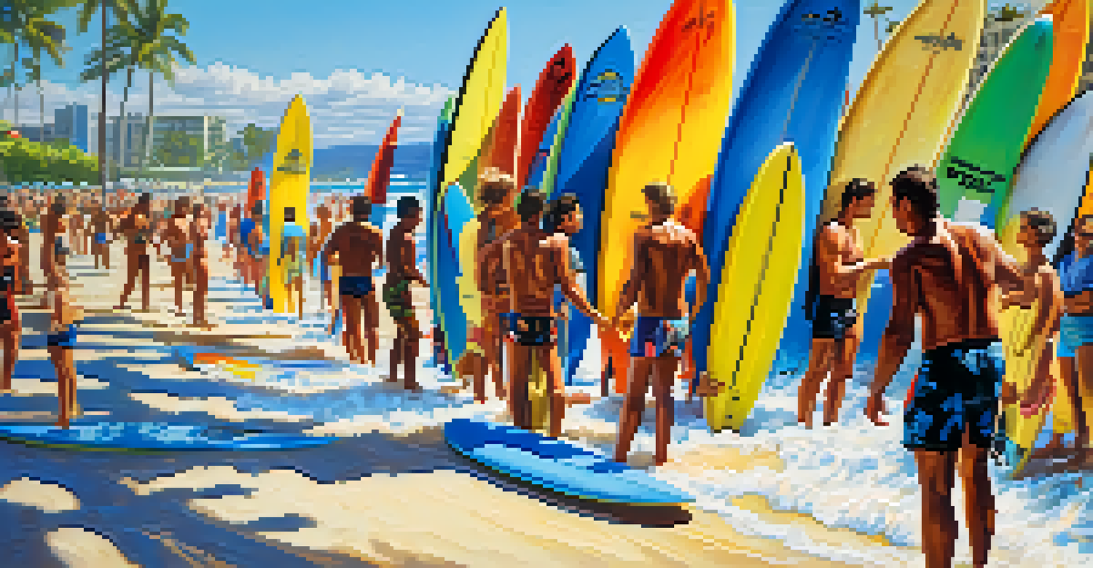 A lively surf competition at Waikiki beach, featuring surfers of different backgrounds riding waves, with spectators capturing the moment.