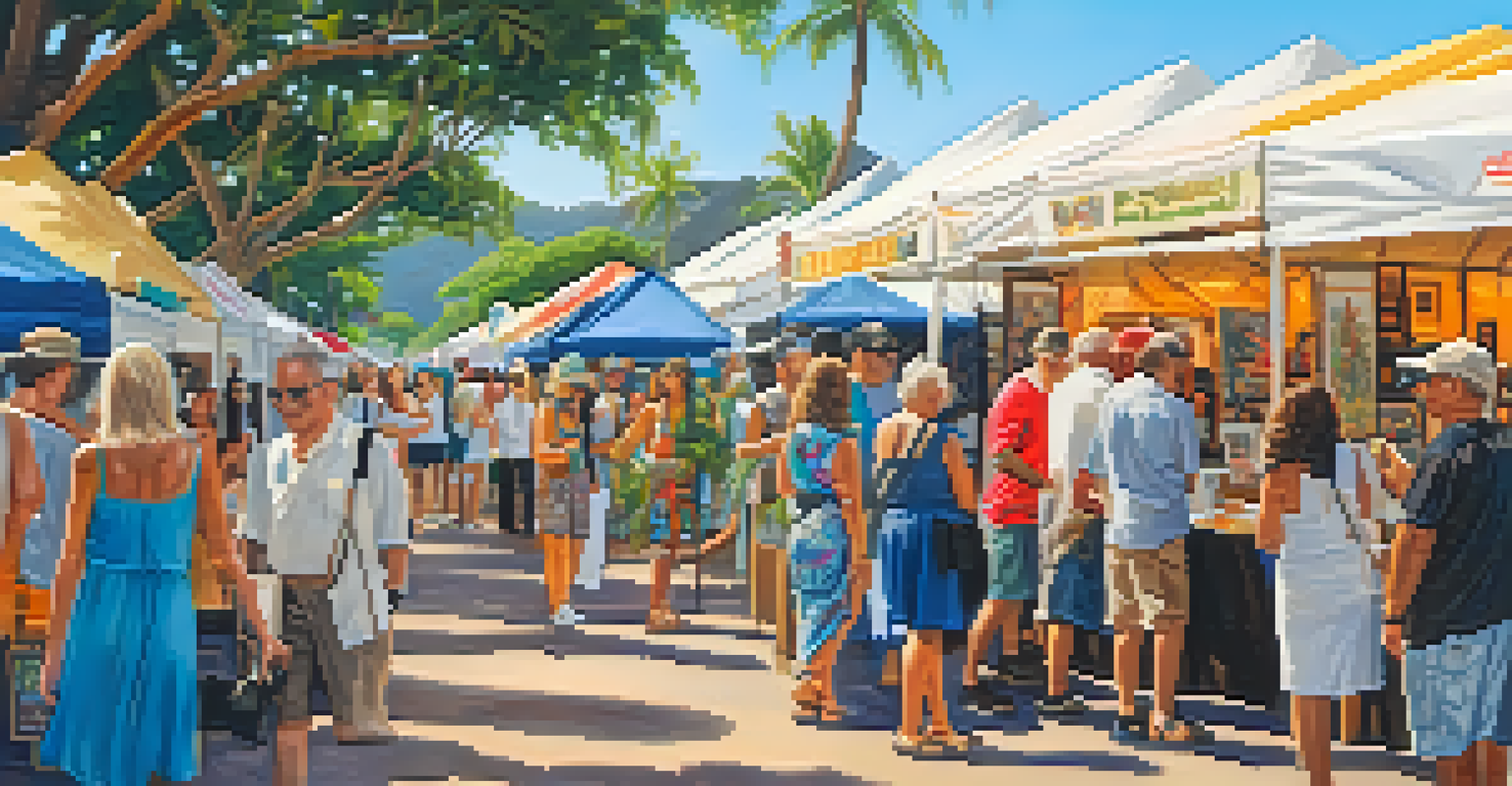 An outdoor art fair in Honolulu with local artists displaying their colorful artworks, surrounded by visitors and tropical plants under bright sunlight.
