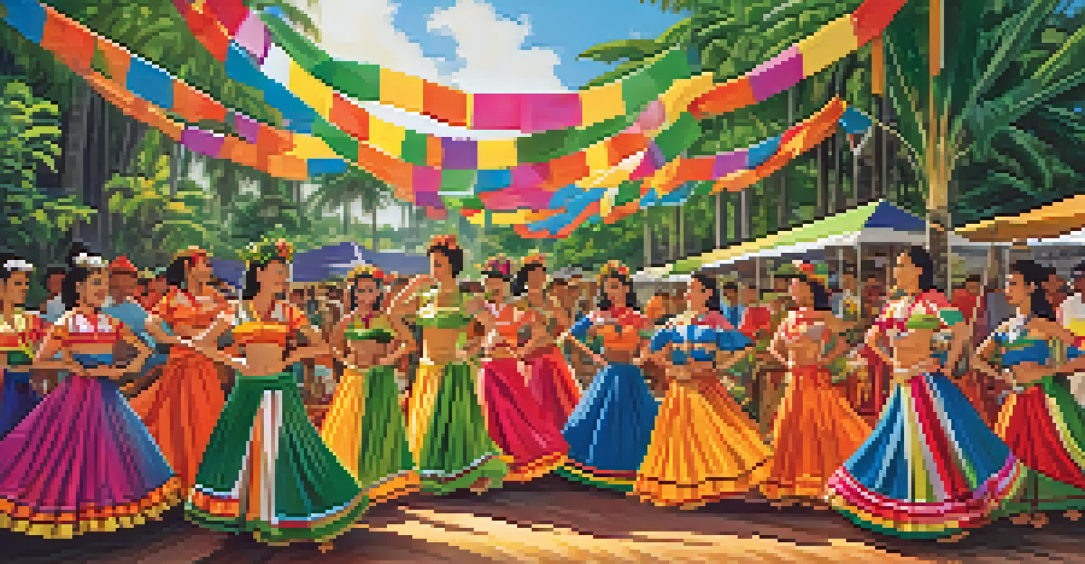 A lively festival scene featuring dancers in traditional Hawaiian costumes, drummers, and colorful banners amidst tropical foliage.