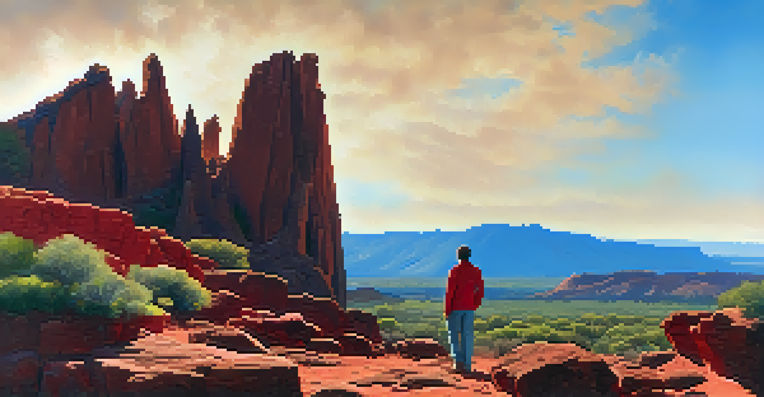 A traveler standing on a rocky outcrop in the Garden of the Gods, surrounded by colorful rock formations and blue sky.