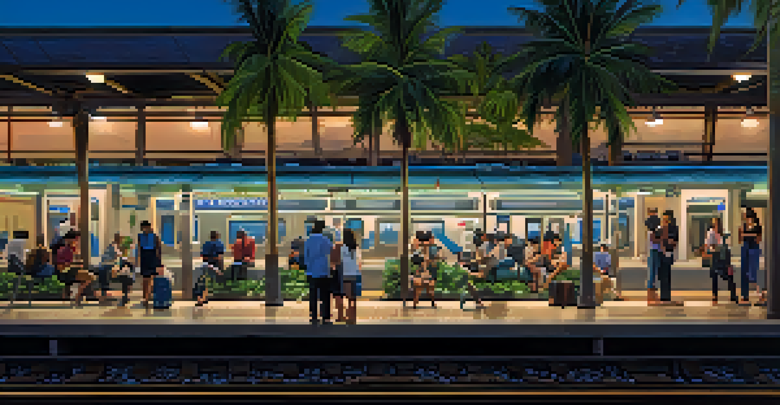 A well-lit Honolulu rail transit station in the evening with passengers waiting for the train surrounded by palm trees.