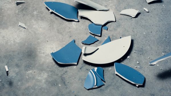 Smashed plates on the ground.