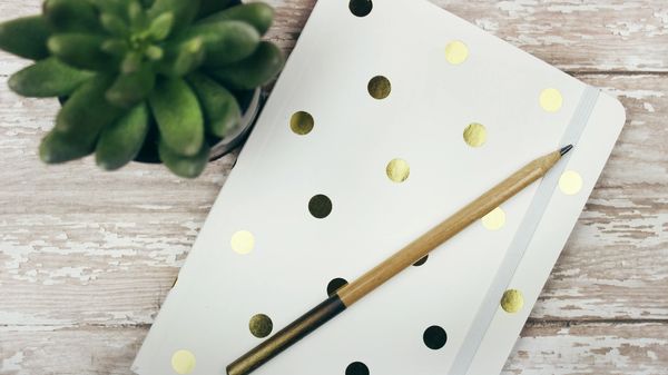 Gold and white polka dot notebook or journal sits on a white wooden desk with pencil and small planted succulent.