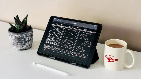 Wireframe digital sketch on an iPad, next to an Apple pencil, a cup of a coffee and a miniature succulent plant.