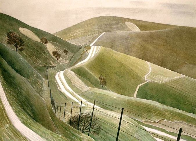 Eric Ravilious' artwork depicting the green rolling hills in Sussex.