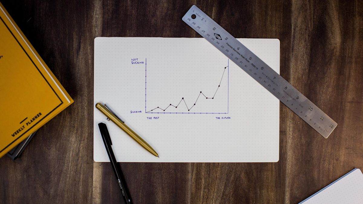 Line chart on paper, on a wooden desk, with pens and a ruler.