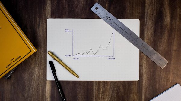 Line chart on paper, on a wooden desk, with pens and a ruler.