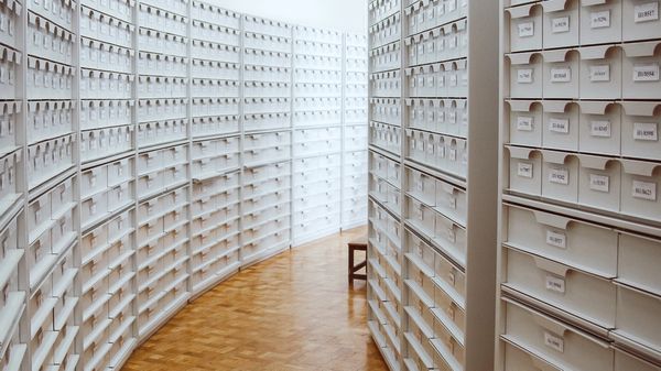 Room of archived materials neatly stored in hundreds of drawers.