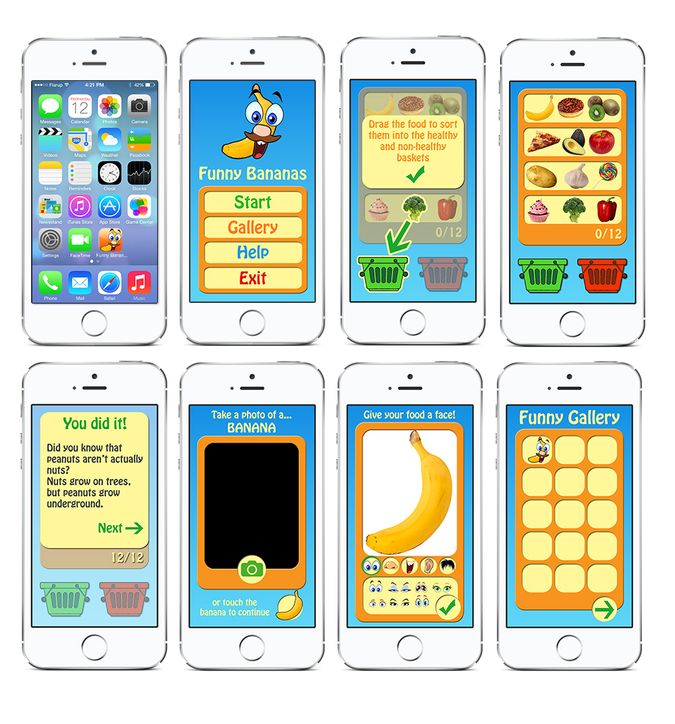 Funny Bananas app representation, including a mockup of all the screens.