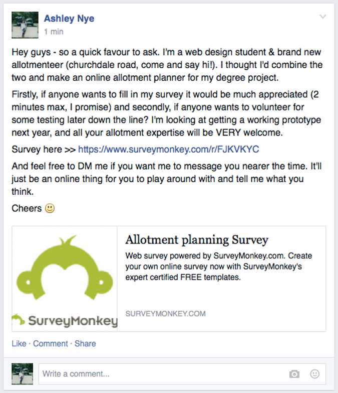 Post on local allotment Facebook group about my new project.