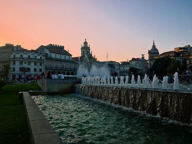 Water fountains in central Braga, at sunset.