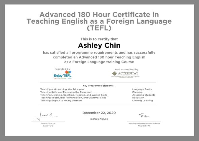 Advanced 180 hour certificate in TEFL - Ashley Chin.