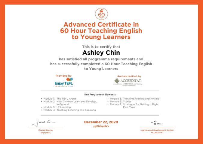 Advanced certificate in 60 hour teaching English to Young Learners - Ashley Chin.
