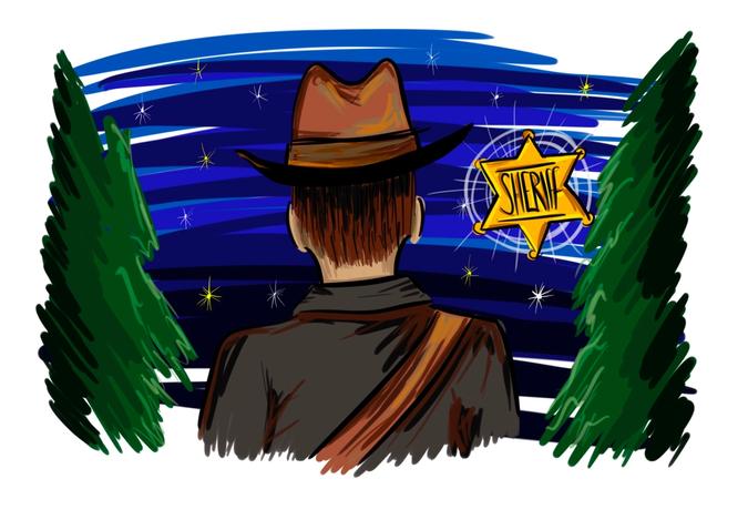 Illustration of back of cowboy's head, looking into the night sky with a sheriff's badge floating in the foreground.