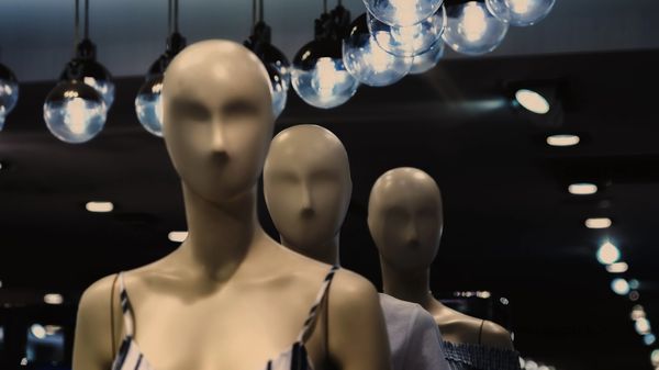Faceless mannequins lined up with bare light bulbs hanging above them.