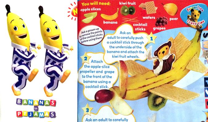 Scan of a magazine spread featuring Bananas in Pyjamas.