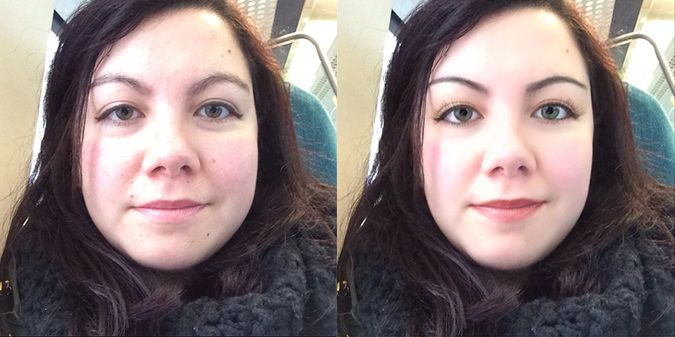 A side by side comparison of photos, the original and airbrushed by the app.