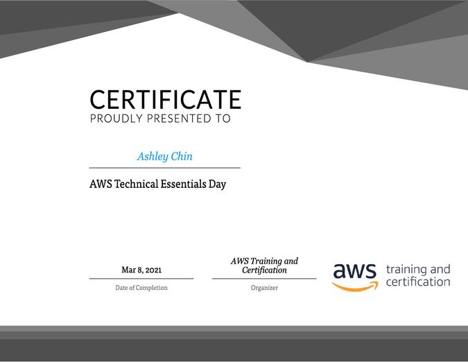Certificate of completion of AWS Technical Essentials Day.