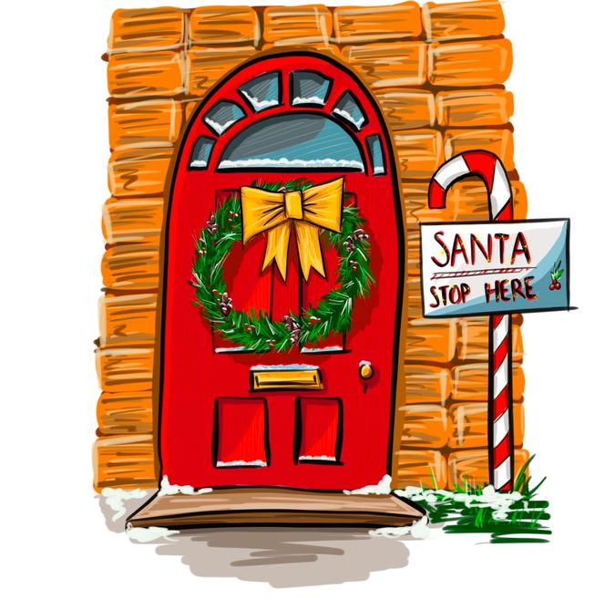 Illustration of a red snowy door with a Christmas wreath and bow, and a candy cane sign saying 