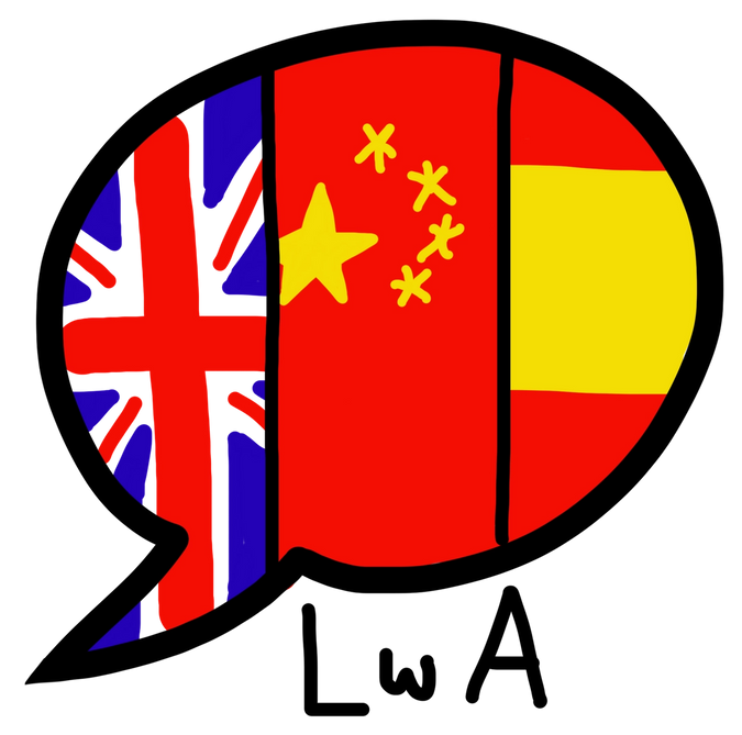 A speech bubble filled with flags of the UK, China and Spain.