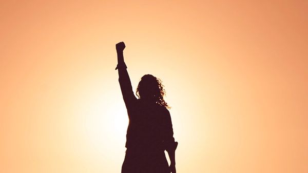 Silhouette of a woman standing with her fist in the air, against a sunny, orange backdrop.