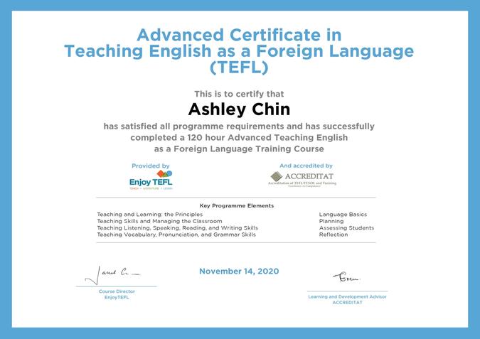 Ashley Chin 120 hour TEFL course completion certificate.