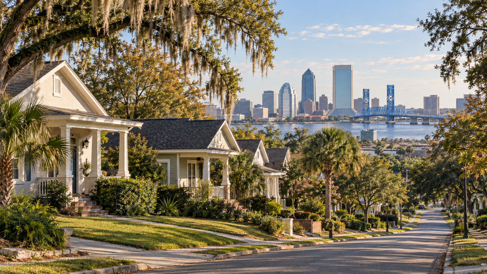 Generated editorial composite of Northeast Florida homes, live oaks and Jacksonville’s skyline with the Main Street Bridge