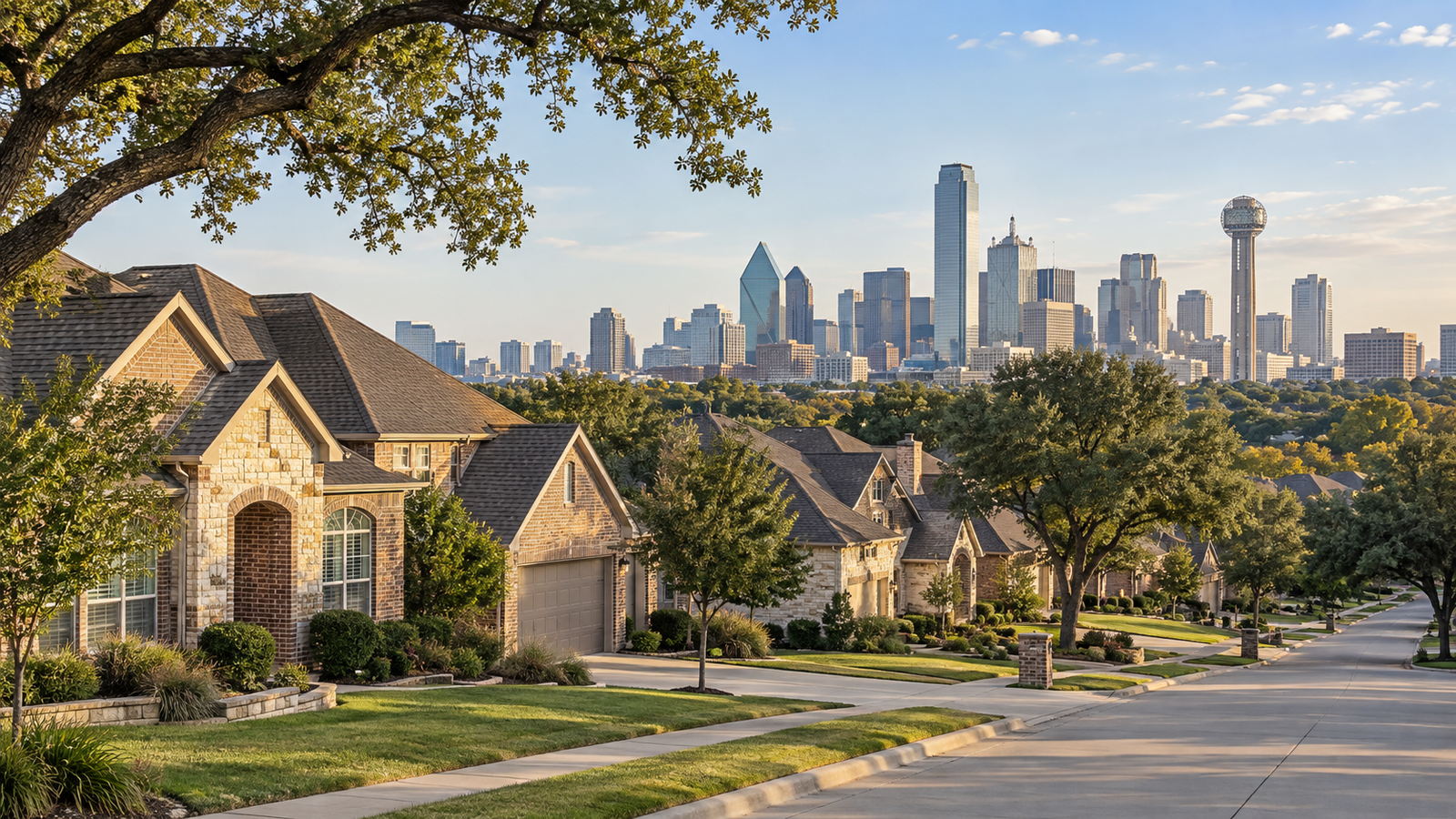 Generated editorial composite of North Texas single-family homes and the Dallas skyline