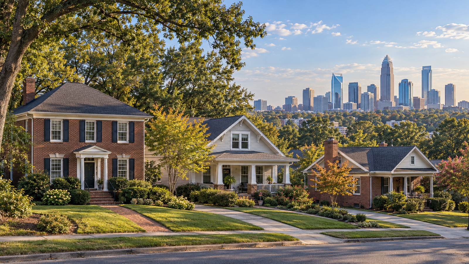 Illustrative Charlotte rental neighborhood with Uptown skyline