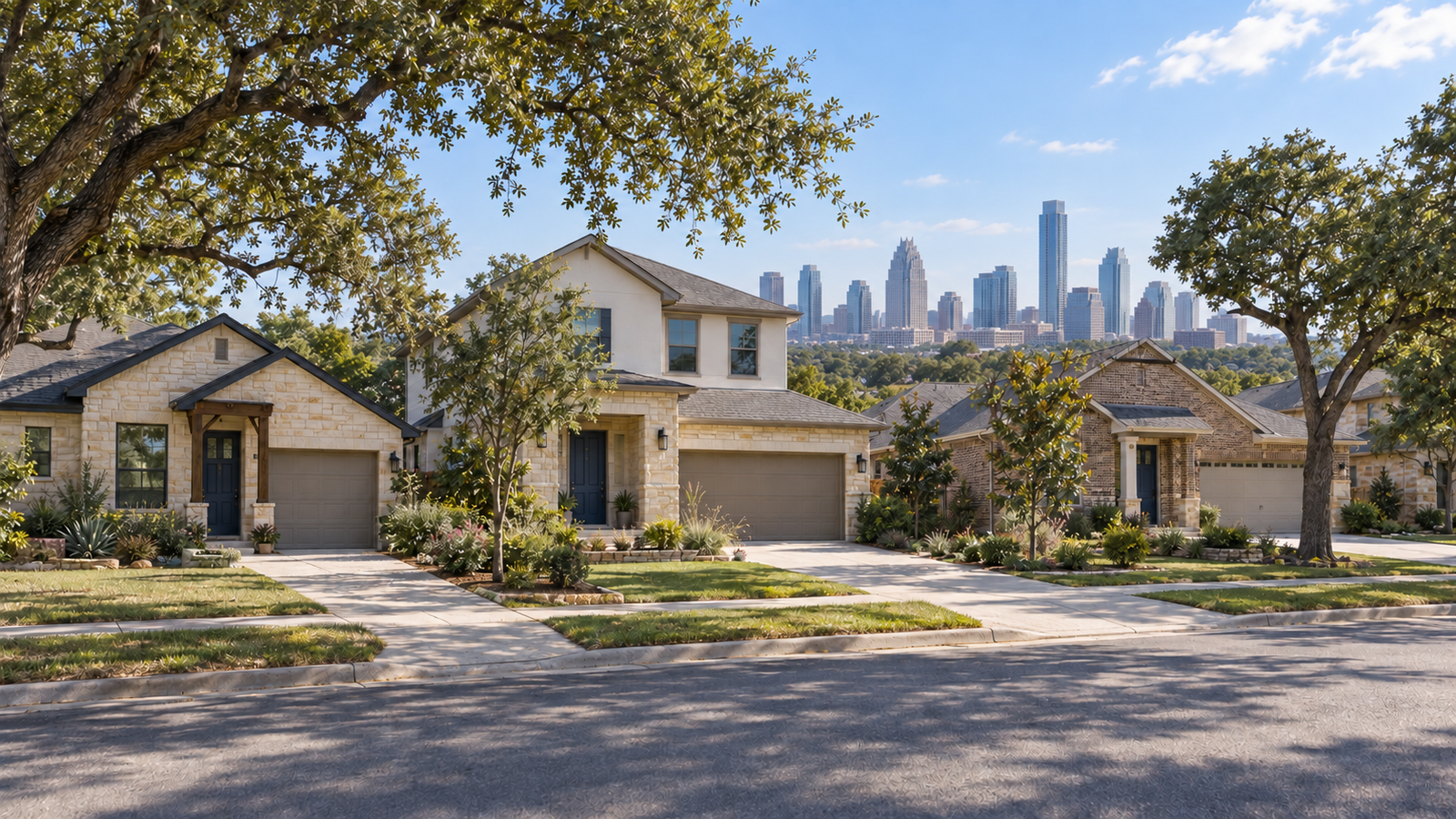 Austin skyline behind single-family homes and mature oak trees