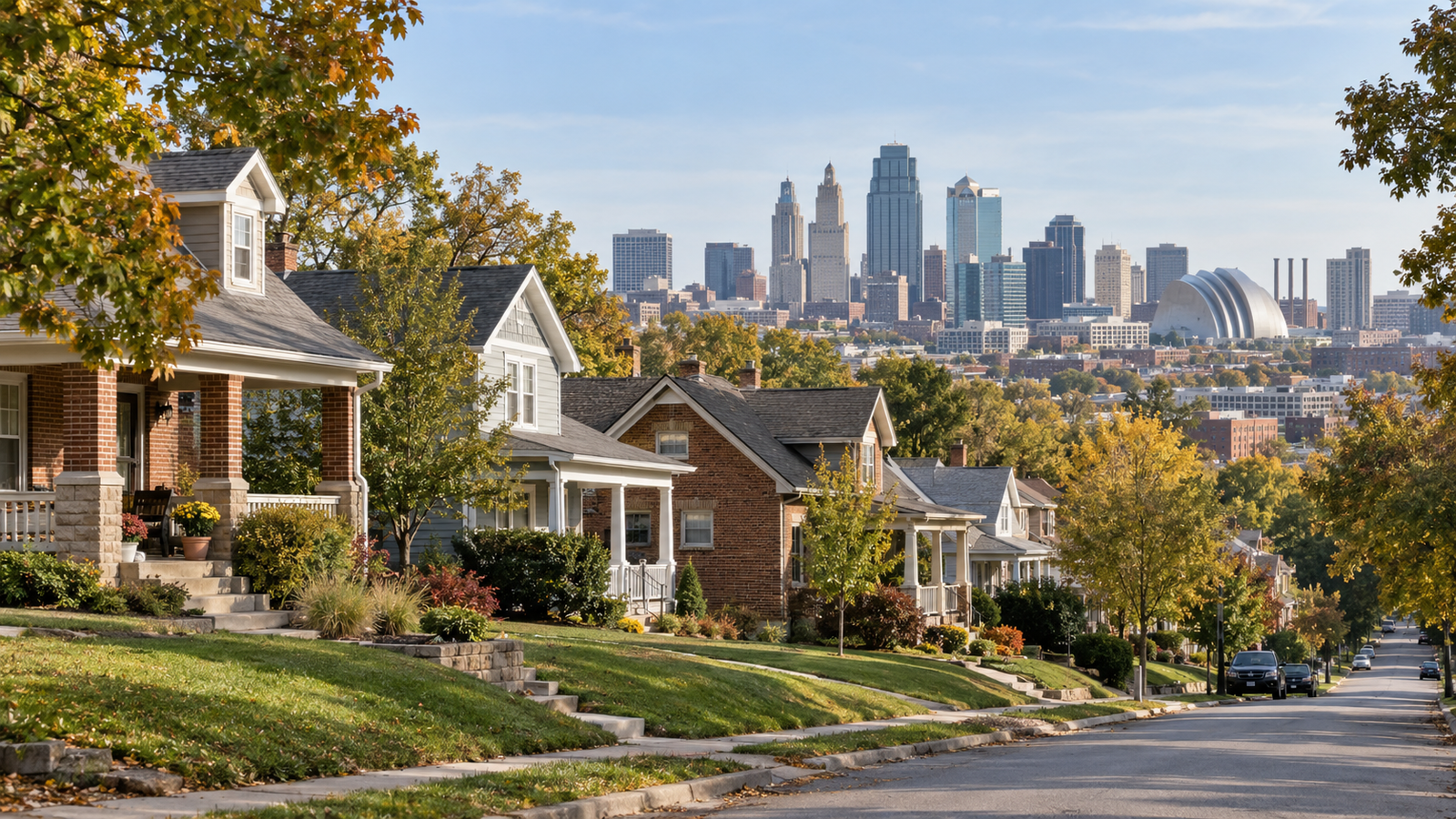 Generated editorial composite of Kansas City homes, autumn trees and the downtown skyline