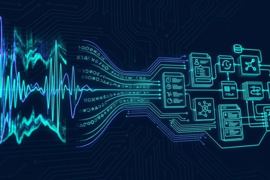 Abstract visualization of voice AI: sound waves transitioning into structured data and CRM records