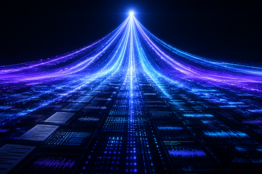 Data streams converging into a point of light over a vast library of documents and audio waveforms