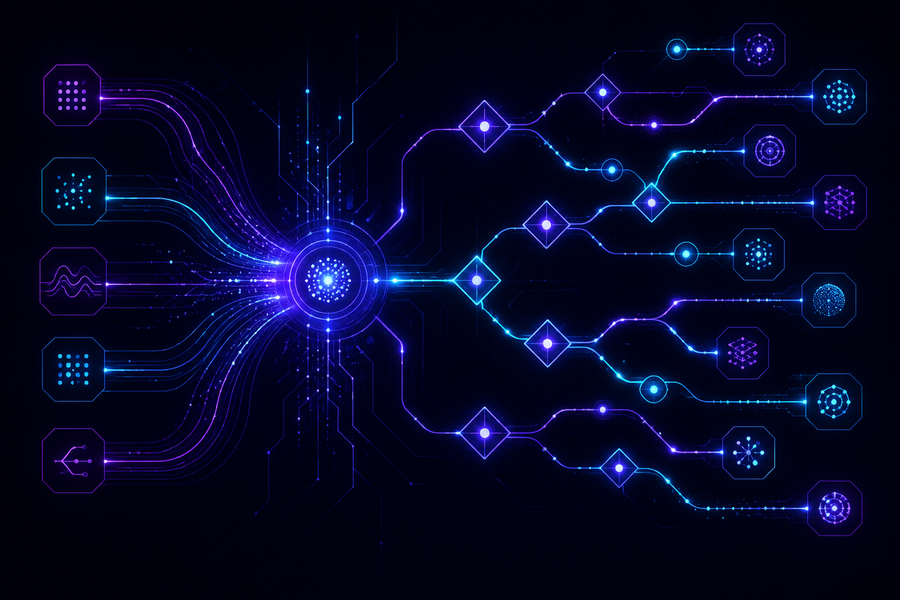 Abstract visualization of AI workflow automation: interconnected nodes and decision trees with glowing circuit-board connections