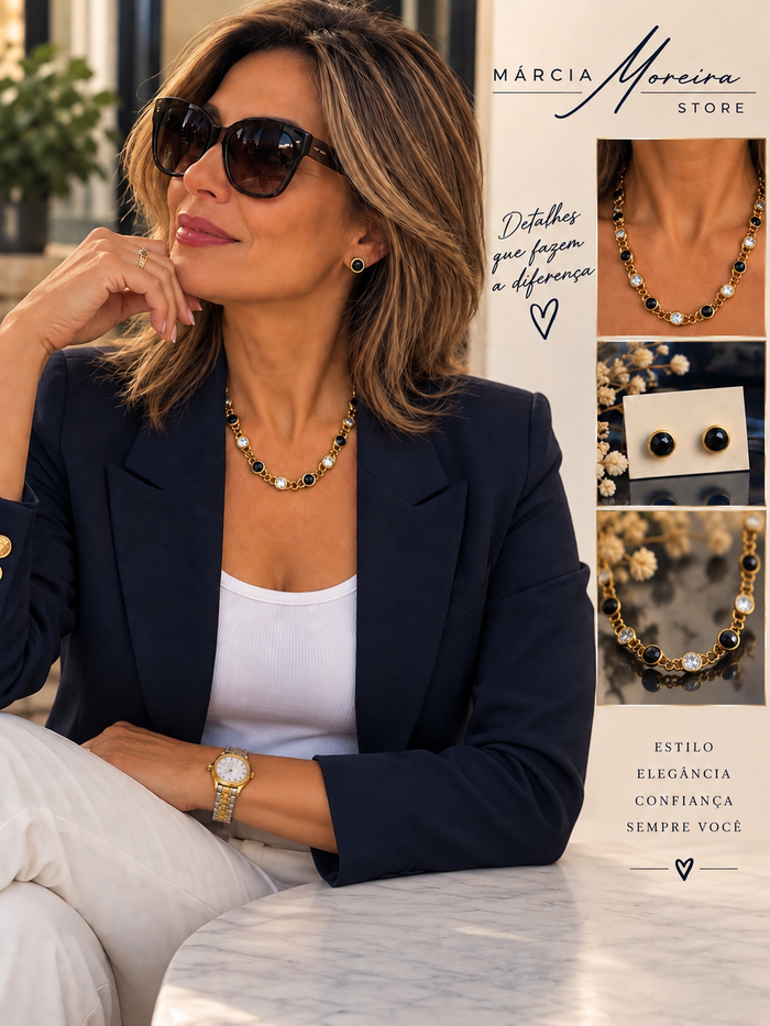 Um conjunto dourado com detalhes pretos e brilho delicado