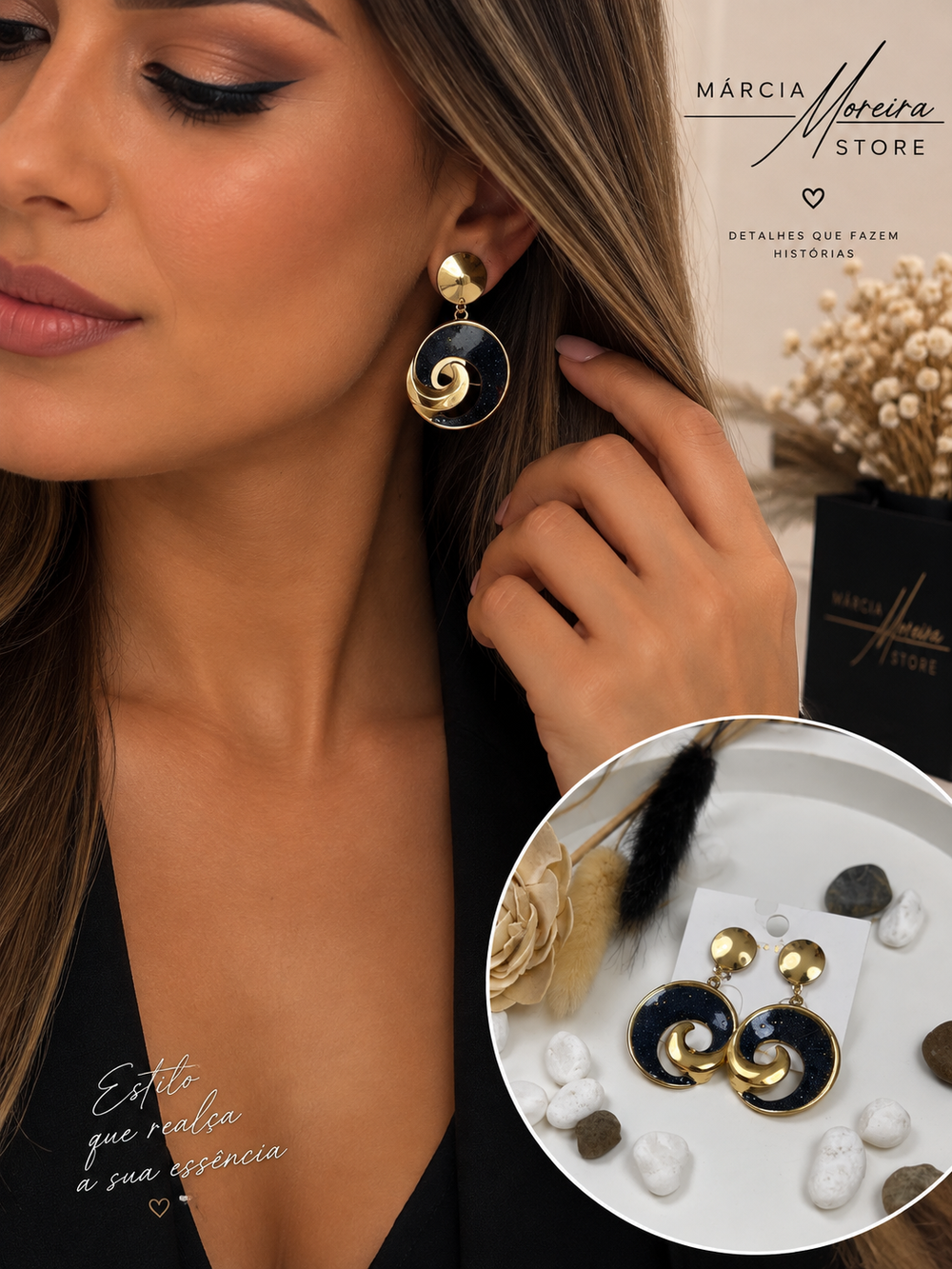Brincos elegantes em azul e dourado, com desing circular e sofisticado. Um toque moderno para qualquer look. ✨