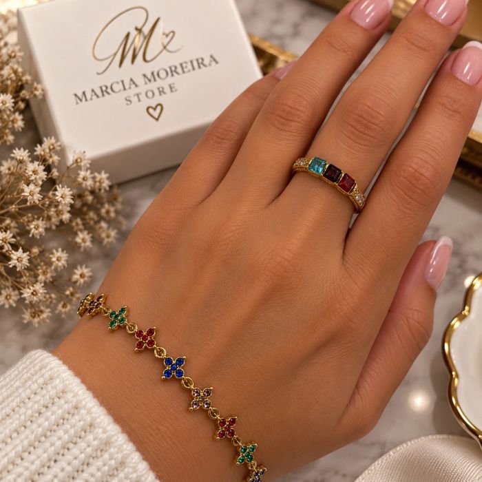 ✨ Pulseira Dourada com Flores Multicoloridas🌸