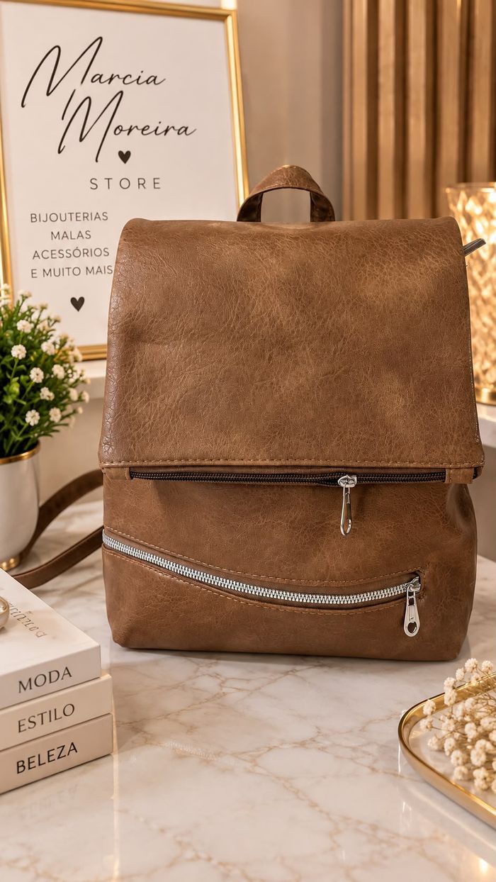 Mochila camel em polipele com fecho metálico.