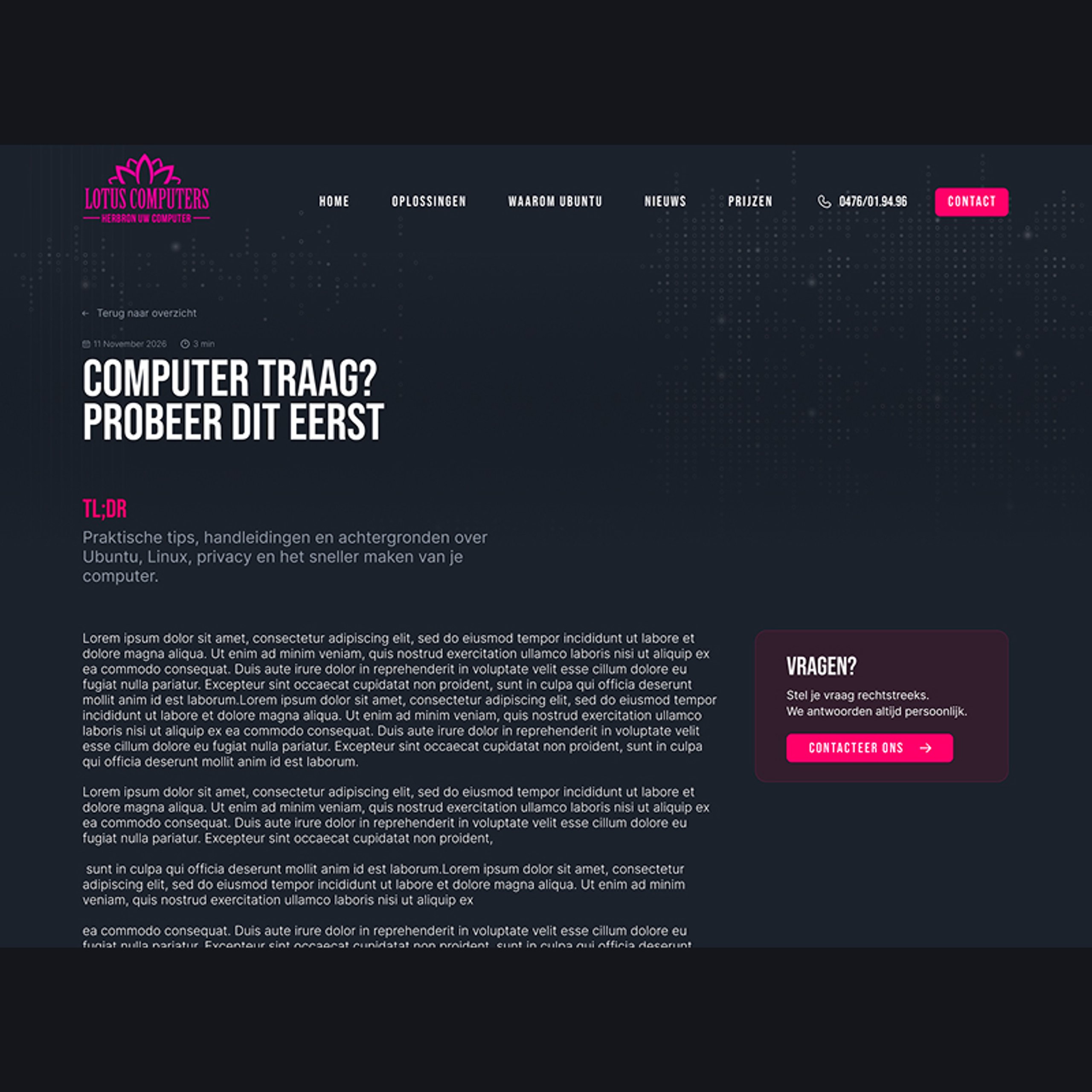 Lotus Computers: artikelpagina met samenvatting en contactblok