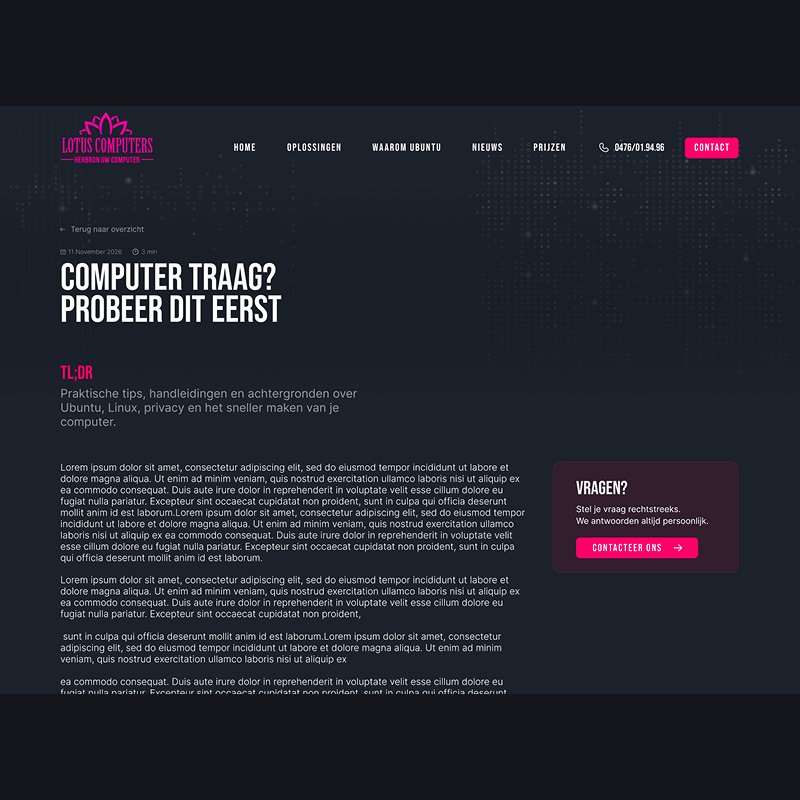 Lotus Computers: artikelpagina met samenvatting en contactblok