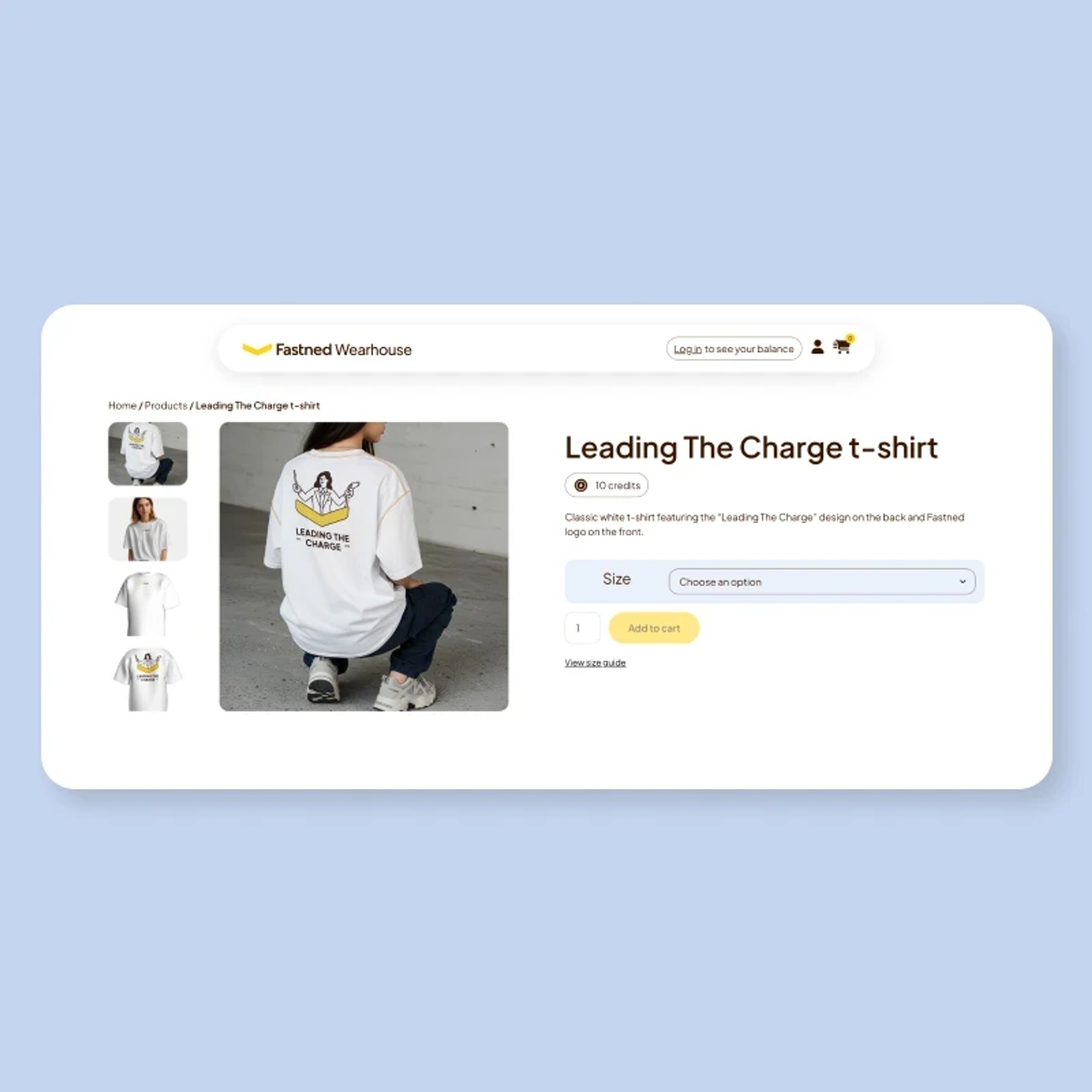 Fastned Wearhouse: Een heldere productpagina met maatselectie en directe bestelmogelijkhe