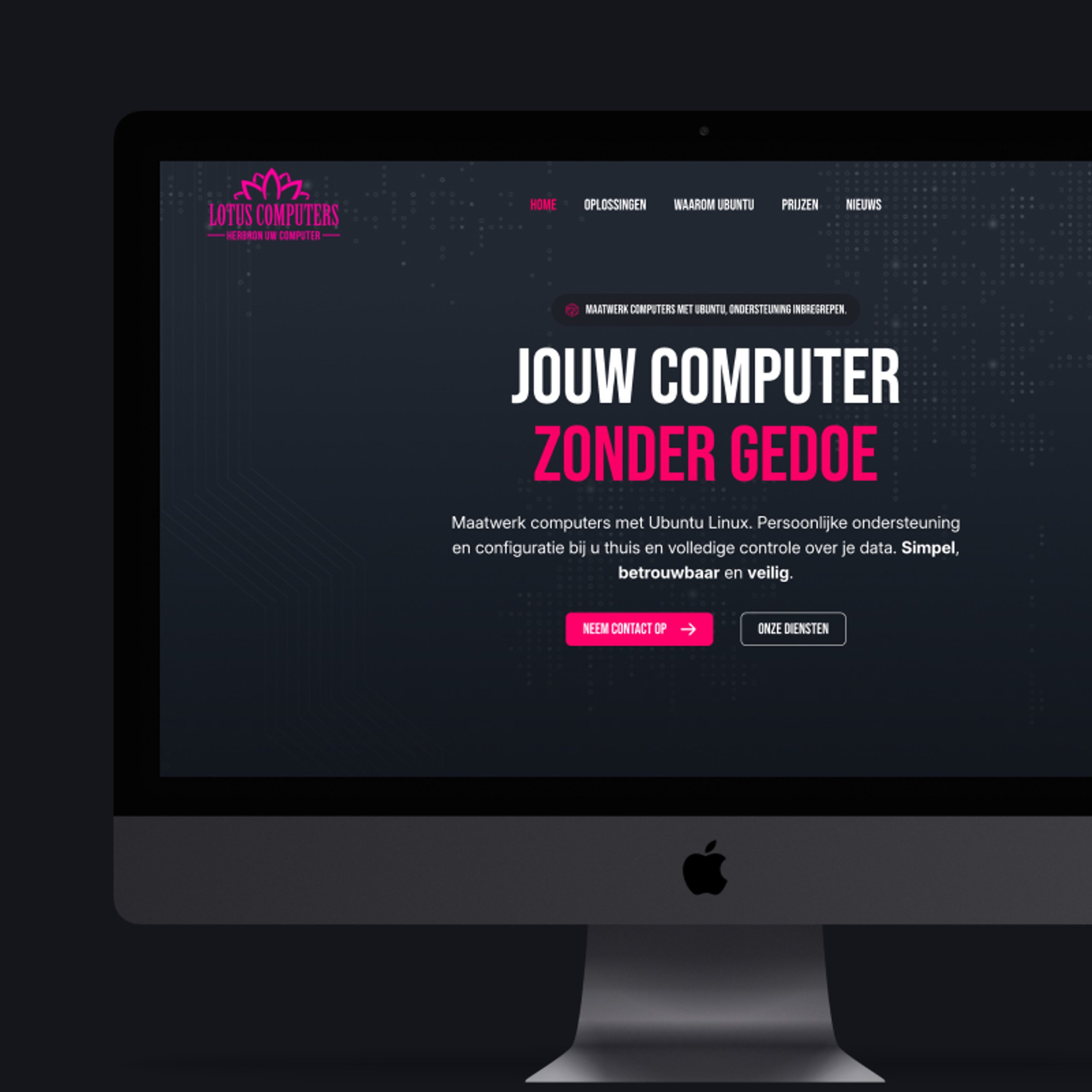 Lotus Computers: homepage op een desktopscherm